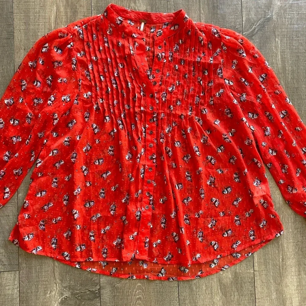 Free People Floral Blouse Womens S Red Cottagecore Pintuck Swiss Dot Sheer Top